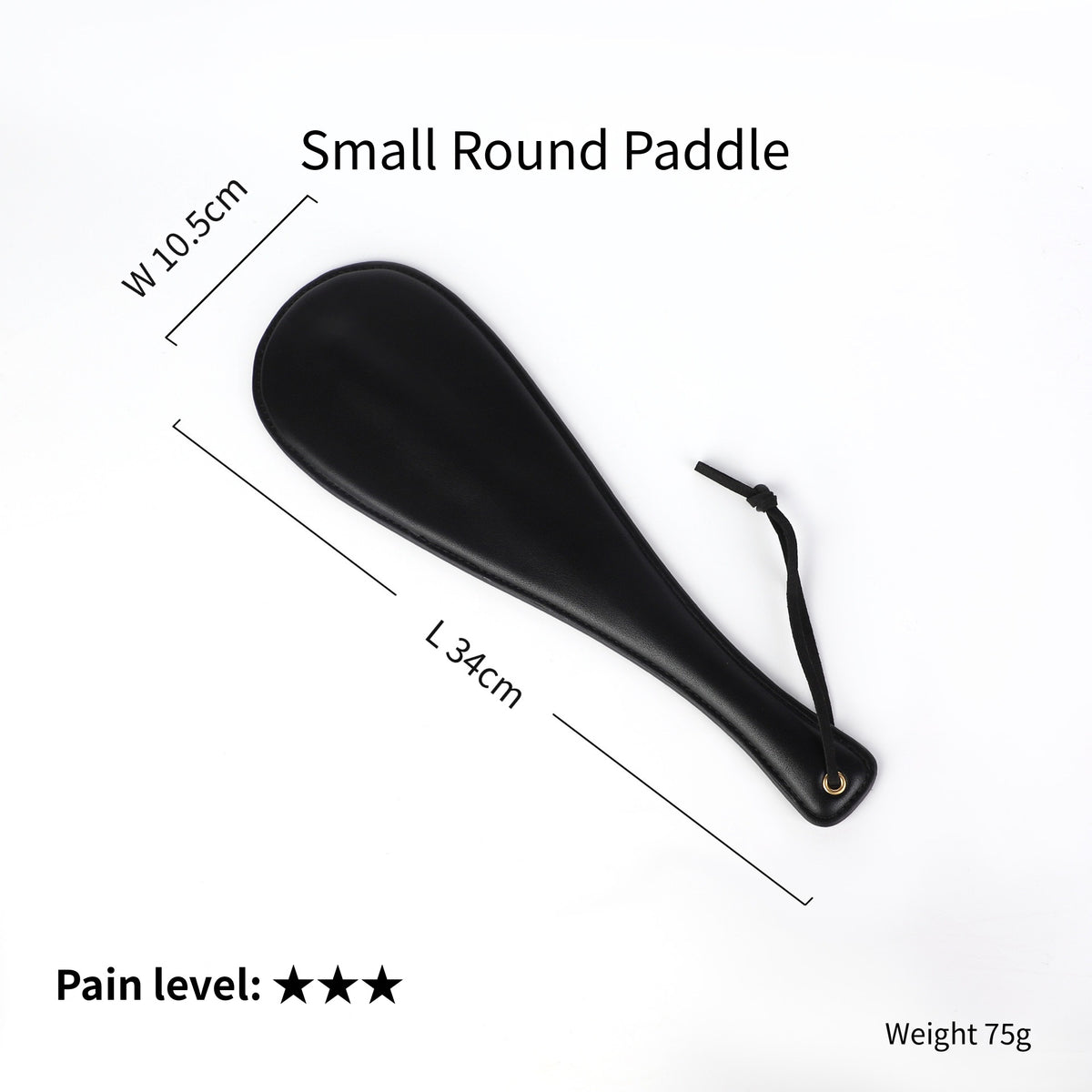 Small Round Paddle, black teardrop shape with dimensions