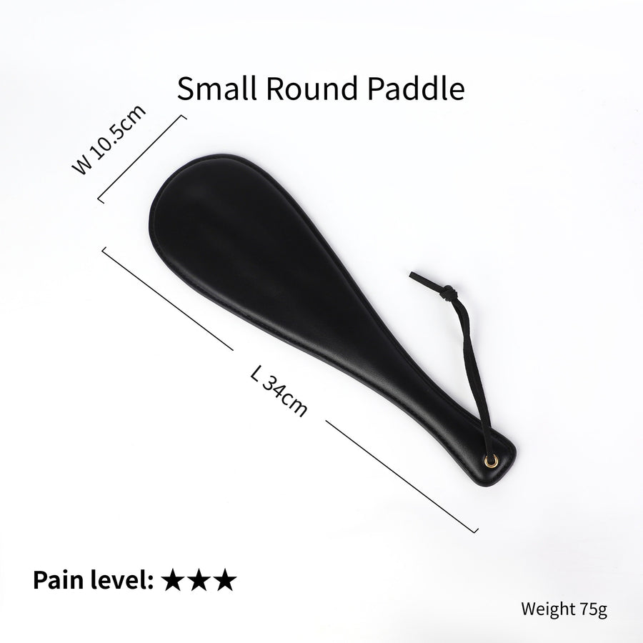 Small Round Paddle, black teardrop shape with dimensions