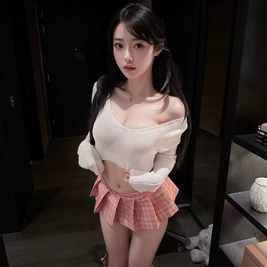 Yuki knit top and pink plaid skirt set front view