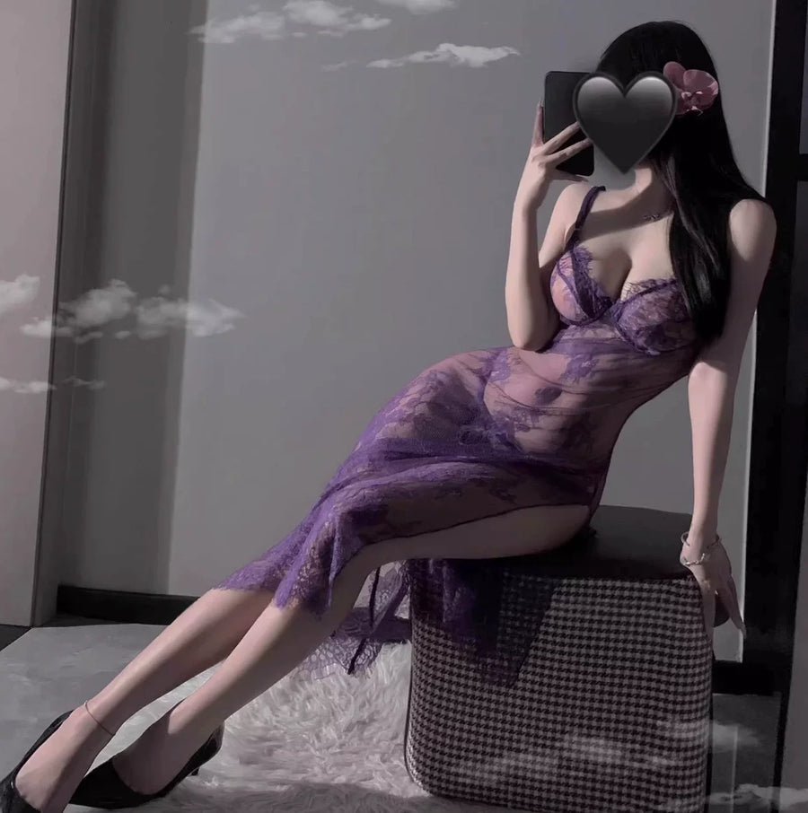 Sena sheer lace split maxi dress in purple