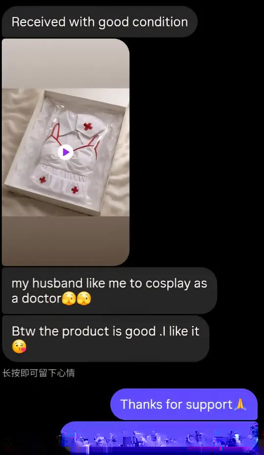 WhatsApp message from a customer who received a white nurse roleplay set